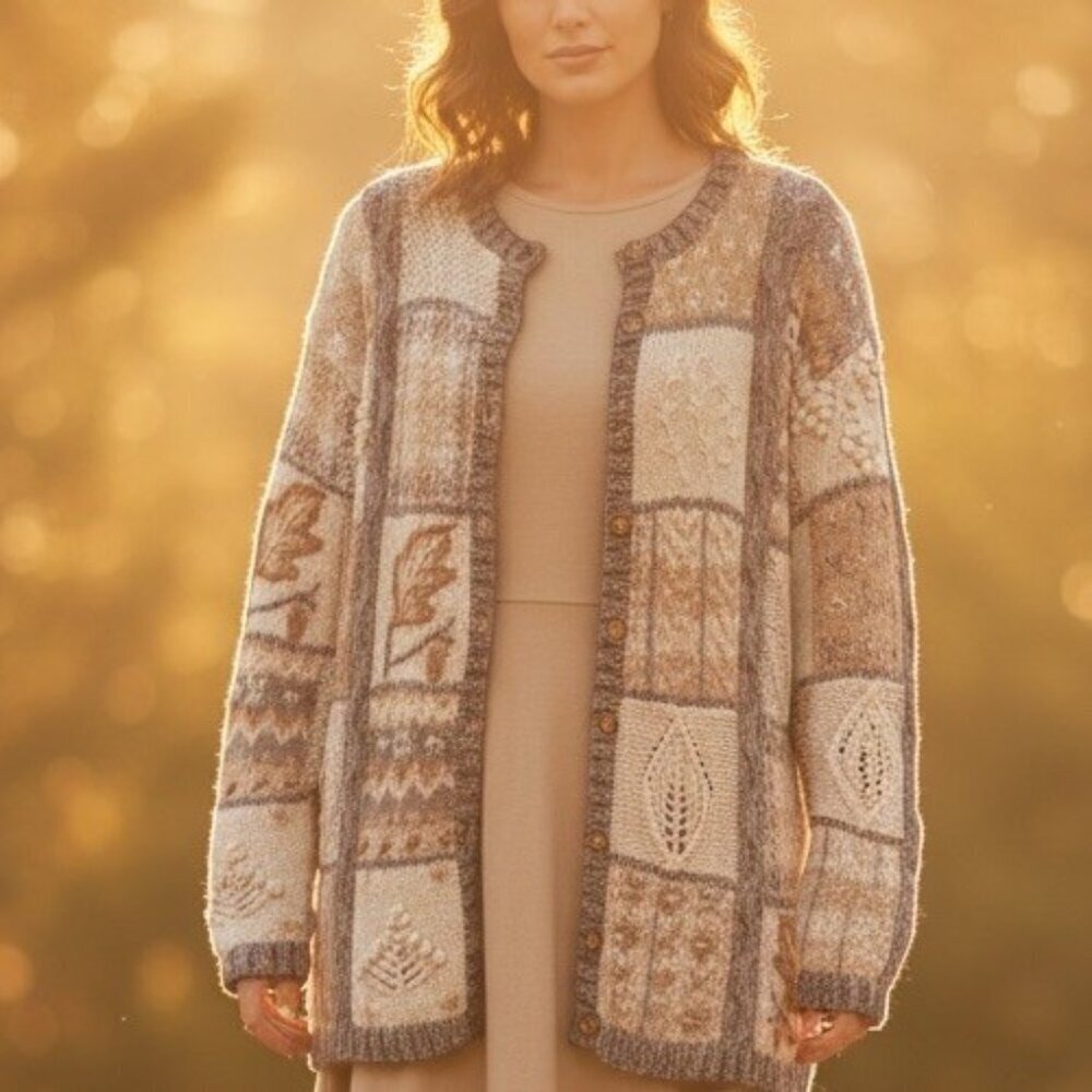 Vintage Northern Isles Womens Medium Hand Knit Cottagecore Tan Cardigan Sweater